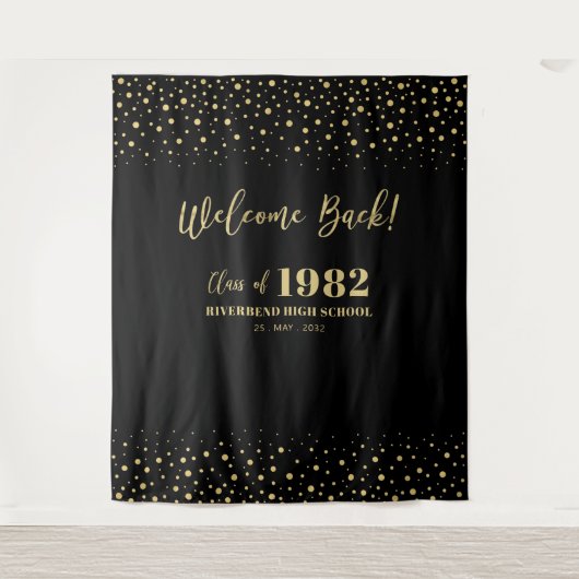 ゴールド＆ブラックのコンフェッティクラス再会パーティーバックドロップ タペストリー (正面)