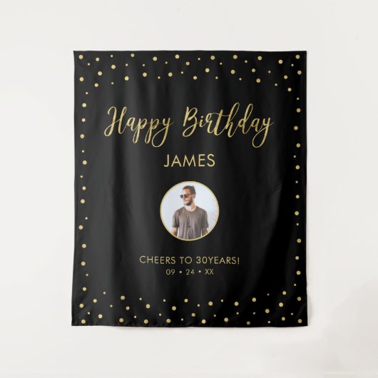 ゴールド＆ブラックのコンフェッティ | 誕生日おめでとうフォト タペストリー (正面)