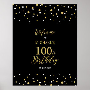ゴールド&ブラックのコンフェッティ 100歳の誕生日パーティー ウェルカム ポスター
