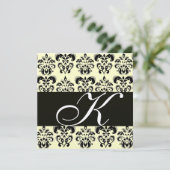 ゴールド&ブラックのダマスク モノグラム , 白 招待状 (スタンド正面)