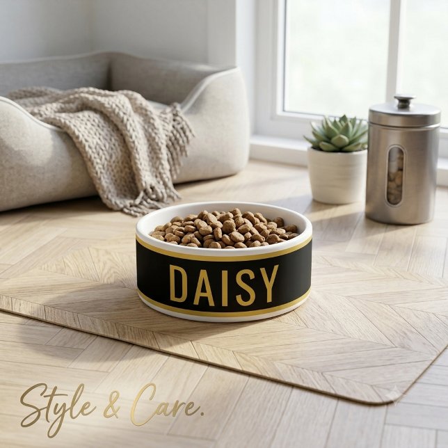 ゴールド＋ブラックのモダンな名入れシンプルデザイン ボウル (Personalized Name Metallic Gold Black Minimalist Bowl)