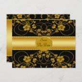 ゴールド&ブラックの花モノグラム ウェディング 案内ポストカード (正面/裏面)