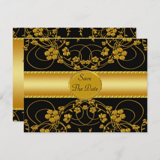 ゴールド&ブラックの花モノグラム ウェディング 案内ポストカード (正面/裏面)