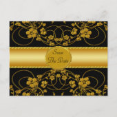 ゴールド&ブラックの花モノグラム ウェディング 案内ポストカード (正面)