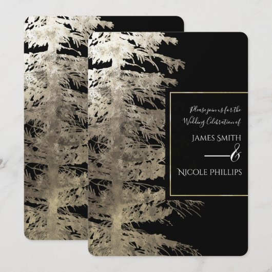ゴールド＆ブラックの輝く松の木のクラシックな森のウェディング 招待状 (正面/裏面)