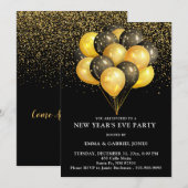 ゴールド＆ブラックの風船 新年のパーティー 招待状 (正面/裏面)