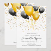 ゴールド＆ブラックの風船 星のコンフェッティ 誕生日 ホワイト 招待状 (正面/裏面)