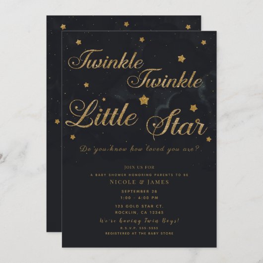 ゴールド ブラック きらきら星 夜空 ベビーシャワー 招待状 (正面/裏面)
