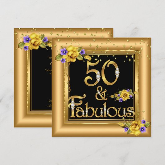 ゴールド ブラック イエロー 50歳の誕生日パーティー 招待状 (正面/裏面)