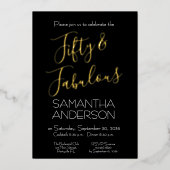  ゴールド ブラック エレガント 50 & ファビュラス 誕生日パーティー 箔招待状 (正面)