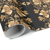 ゴールド ブラック オルネイト フローラル ラッピングペーパー (ロールコーナー)