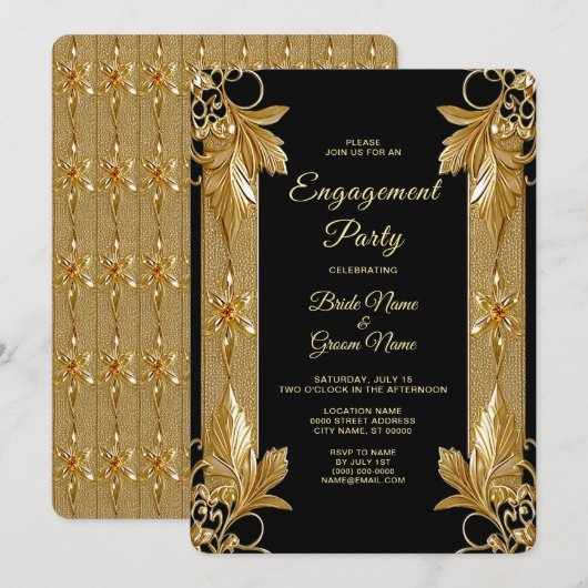 ゴールド ブラック オルネイト フローラル 婚約招待状 招待状 (正面/裏面)