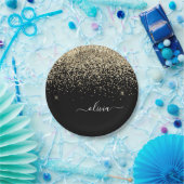 ゴールド ブラック ガーリー グリッター スパークル モノグラム ネーム ペーパープレート (パーティー)