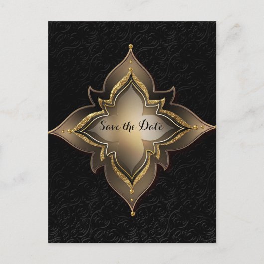 ゴールド ブラック グラム エキゾチック フラワー セーブ ザ デート 案内ポストカード (正面)