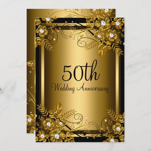 ゴールド ブラック ダイヤモンド フラワー スワール 50周年記念 招待状 (正面/裏面)