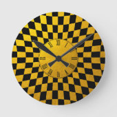 ゴールド & ブラック チェックの四角い模様 / レトロなデザイン ラウンド壁時計 (正面)