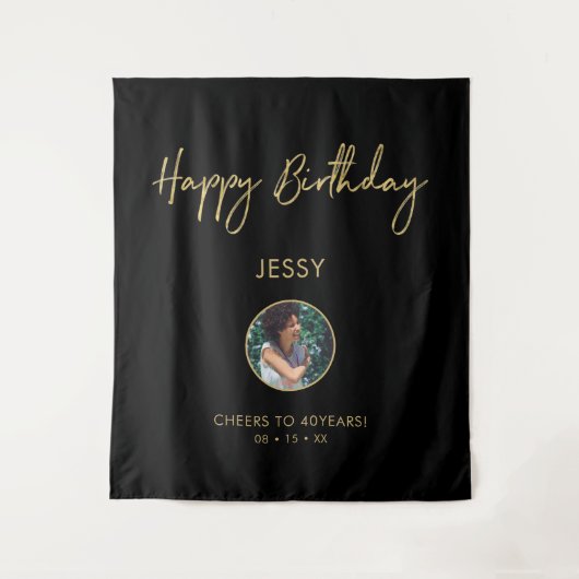 ゴールド&ブラック ハッピー バースデー フォト パーティー 背景 タペストリー (正面)