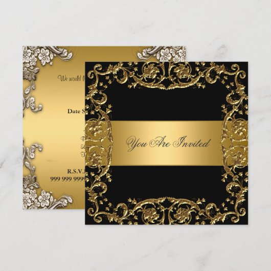 ゴールド ブラック パーティー インビテーション フローラル フレーム (正面/裏面)