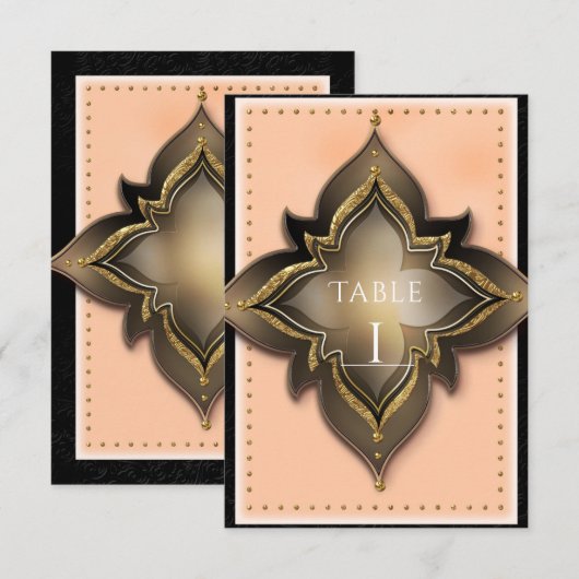 ゴールド ブラック＆ピーチ エキゾチックチック パーティー テーブル ナンバー 招待状 (正面/裏面)