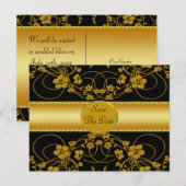 ゴールド & ブラック フラワー ウェディング モノグラム 案内ポストカード (正面/裏面)