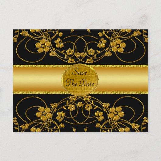 ゴールド & ブラック フラワー ウェディング モノグラム 案内ポストカード (正面)