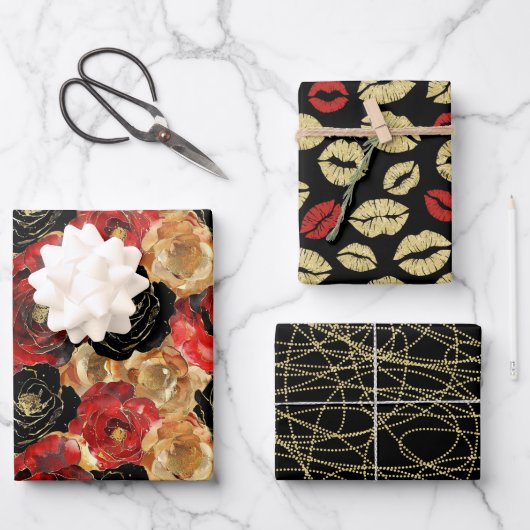 ゴールド ブラック フローラル リップ パーティー ブライダル シャワー ラッピングペーパーシート (正面)