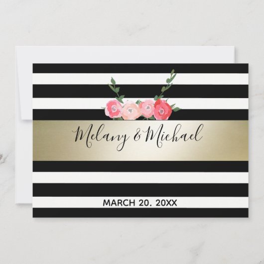 ゴールド ブラック/ホワイトのストライプ ローズ ウェディング RSPV 招待状 (裏面)