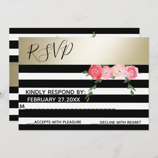 ゴールド ブラック/ホワイトのストライプ ローズ ウェディング RSPV 招待状 (正面/裏面)