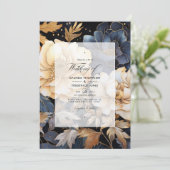 ゴールド、ブラック＆ホワイトの花柄のウィンターウェディング 招待状 (スタンド正面)