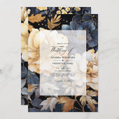 ゴールド、ブラック＆ホワイトの花柄のウィンターウェディング 招待状 (正面/裏面)