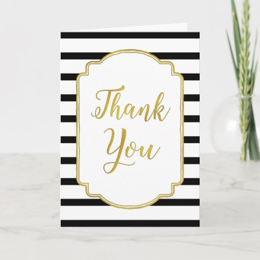 ゴールド ブラック ホワイト ストライプ 結婚式 お礼カード サンキューカード (正面)