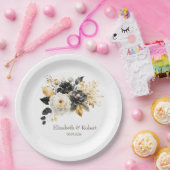 ゴールド ブラック ホワイト フラワーズ ペーパープレート (パーティー)