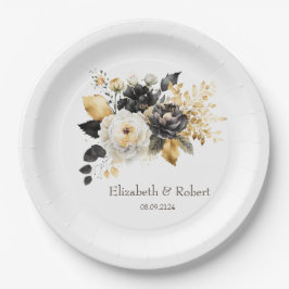 ゴールド ブラック ホワイト フラワー ペーパープレート