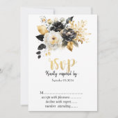 ゴールド ブラック ホワイト 花 RSVP 招待状 (正面)