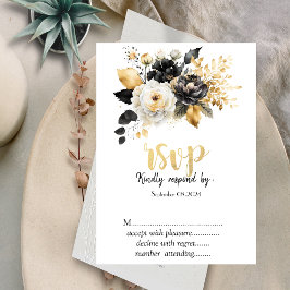ゴールド ブラック ホワイト 花 RSVP 招待状