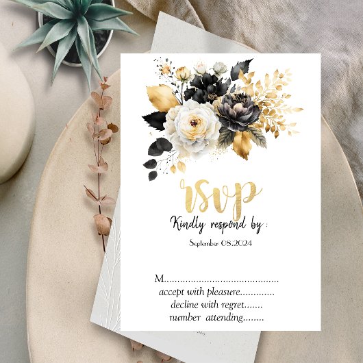 ゴールド ブラック ホワイト 花 RSVP 招待状