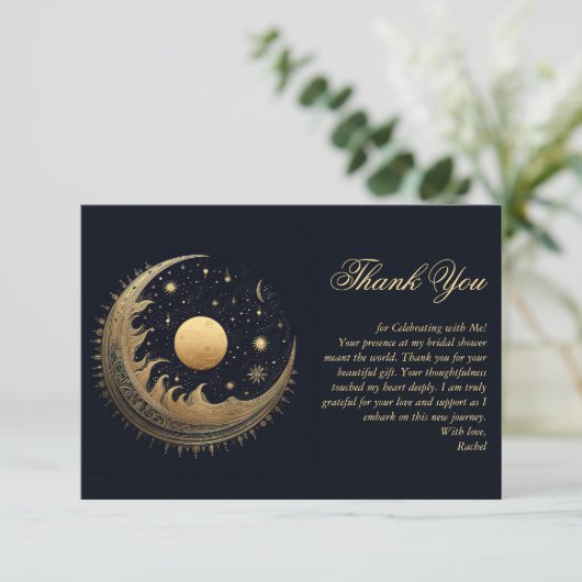 ゴールド&ブラック ムーンスターズ 天体 ブライダルシャワー サンキューカード (スタンド正面)