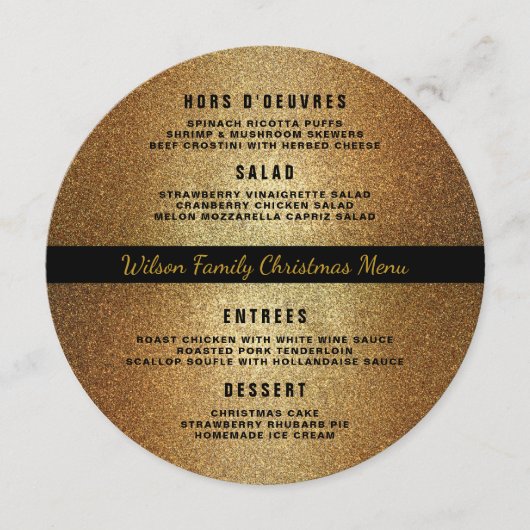 ゴールド ブラック ラウンド クリスマス ディナー メニュー テンプレート (正面)