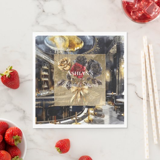 ゴールド ブラック レッド ナイト クラブ フラワーブライダルシャワー スタンダードランチョンナプキン (インサイチュ)