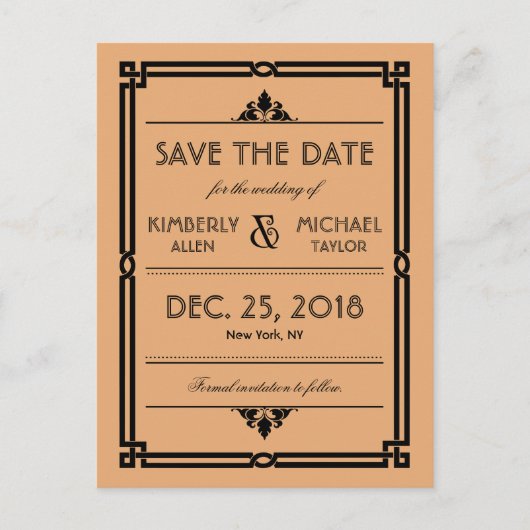 ゴールド ブラック ヴィンテージ モダン アートデコ ウェディング 案内ポストカード (正面)