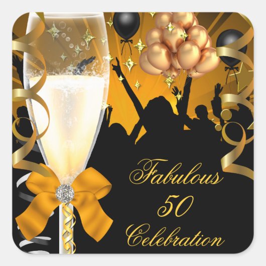 ゴールド ブラック 誕生日 シャンパン 50歳のお祝いに スクエアシール (正面)