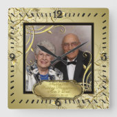 ゴールド ブラック 50周年 結婚記念日 フォト スクエア壁時計 (正面)