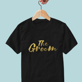 ゴールド・ブラッシュスクリプトの黒い結婚式Tシャツ - 花婿用 Tシャツ