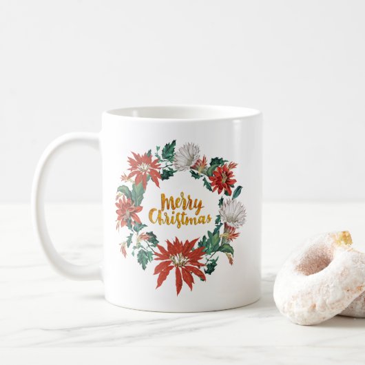 ゴールド ブラッシュスクリプト クリスマス 花輪 コーヒーマグカップ (ドーナツ)