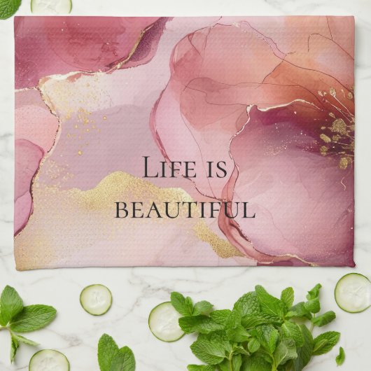 ゴールド ブラッシュ ピンク バーガンディー フラワーブライダルシャワー キッチンタオル (折り畳み)