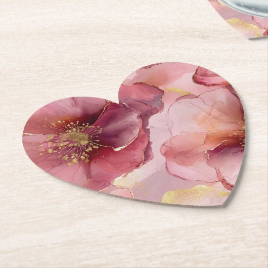 ゴールド ブラッシュ ピンク バーガンディー フラワーブライダルシャワー ペーパーコースター (アングル)