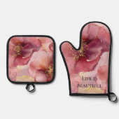 ゴールド ブラッシュ ピンク バーガンディー フラワーブライダルシャワー 鍋つかみ&鍋敷きセット (正面)