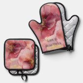 ゴールド ブラッシュ ピンク バーガンディー フラワーブライダルシャワー 鍋つかみ&鍋敷きセット (正面/裏面)