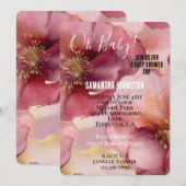 ゴールド ブラッシュ ピンク バーガンディ フラワー ベビーシャワー 招待状 (正面/裏面)