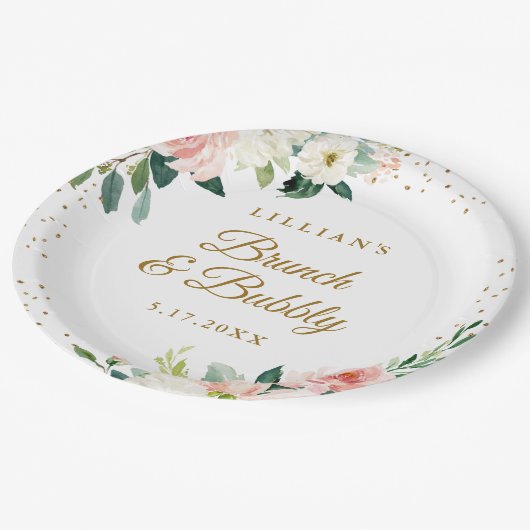 ゴールド ブラッシュ フローラル ブランチ アンド バブル ペーパープレート (アングル)